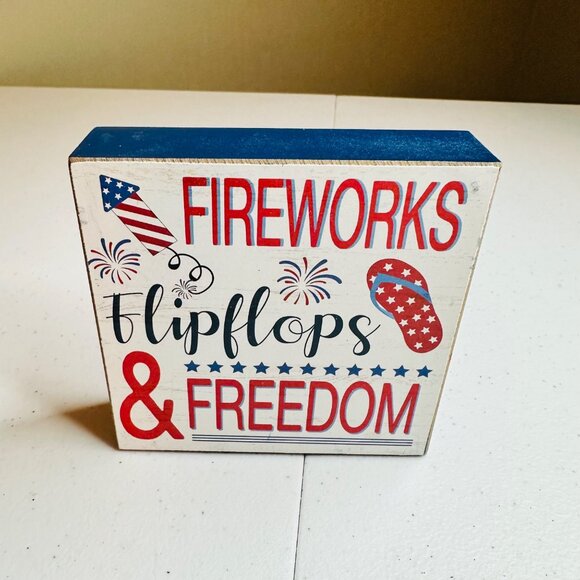 Fireworks Flipflops & Freedom patriotic decoration Fourth of July decor America - Picture 2 of 10